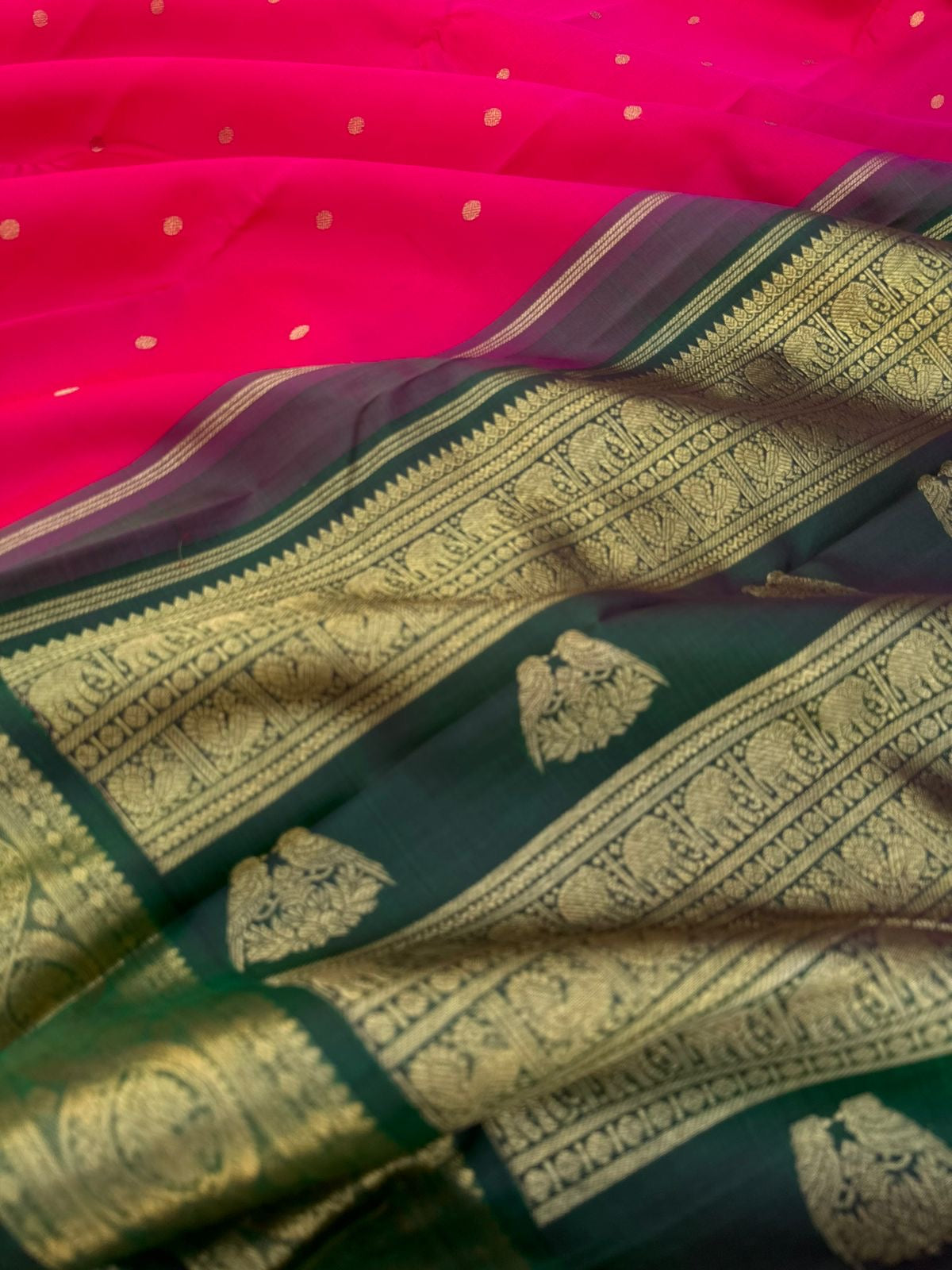 Meenakshi - Heirloom Korvai Kanchivaram - pink and Meenakshi green with elephant and annapakshi woven borders