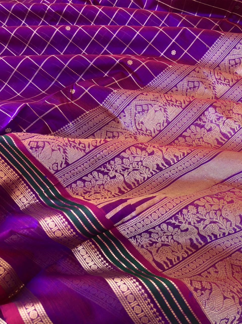 Zari Kissed Silk Cotton - this saree is just stunning purple short red muthukattam and buttas woven body with moopula woven borders