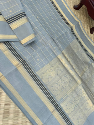 Pastels on Zari Kissed Silk Cotton - a stunning silver grey muthukattam with all traditional elements