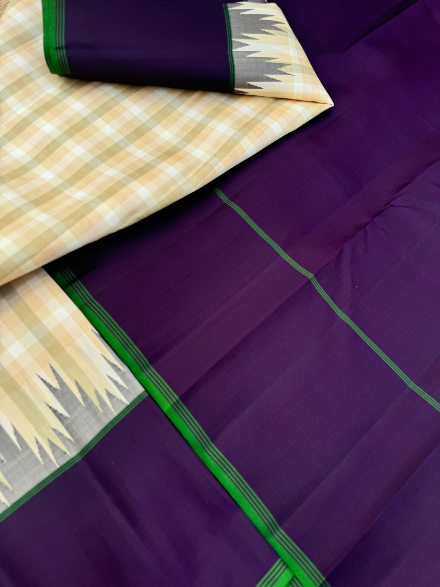 Ekatara - The Rarest Kai Korvai Kanchivarams - most beautiful smart classy corporate chex body with beetle nut jammun purple pallu borders and blouse