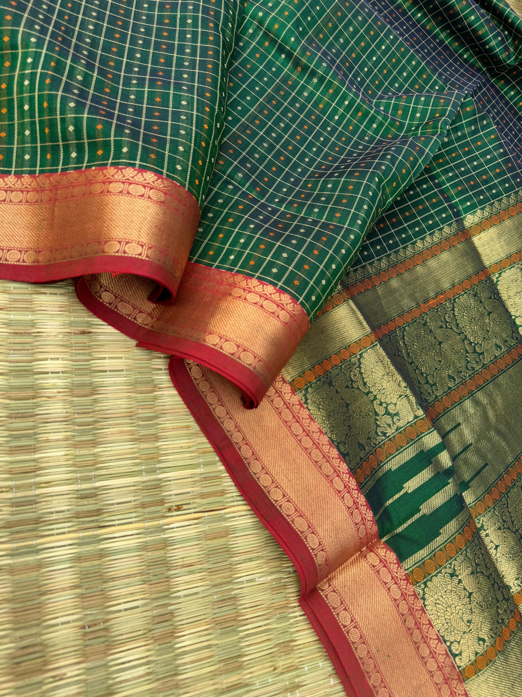 Woven Motifs Silk Cotton - Meenakshi green lakshadeepam