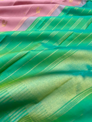 Mohaa - Rarest Borderless Kanchivarams - dusky pink annam buttas with aqua dual tone pallu and blouse