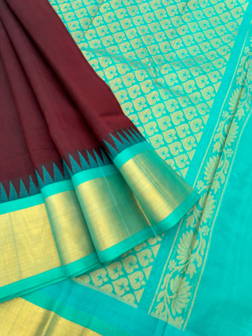 Korvai Silk Cottons - deep maroon and teal with tissue zari woven borders