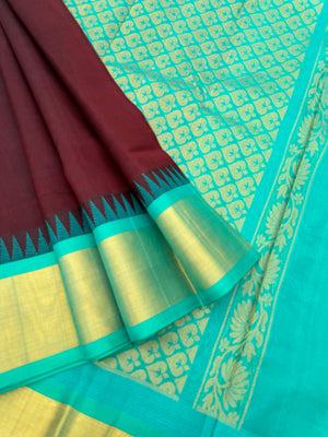 Korvai Silk Cottons - deep maroon and teal with tissue zari woven borders