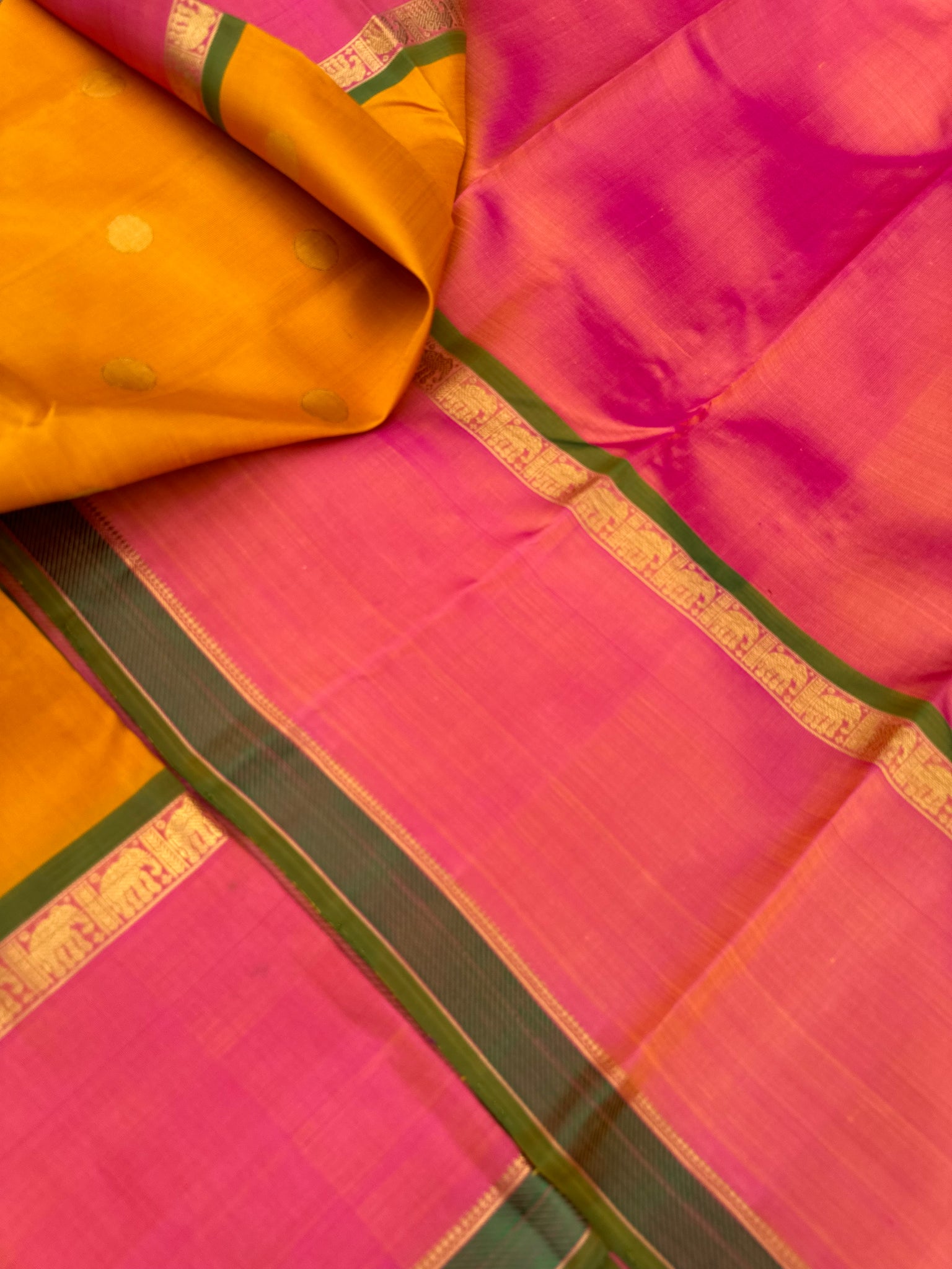 Diwali Edits - Kanchivaram For All Occasions - most beautiful mustard and peach with reatt pett woven borders