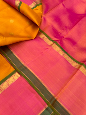 Diwali Edits - Kanchivaram For All Occasions - most beautiful mustard and peach with reatt pett woven borders