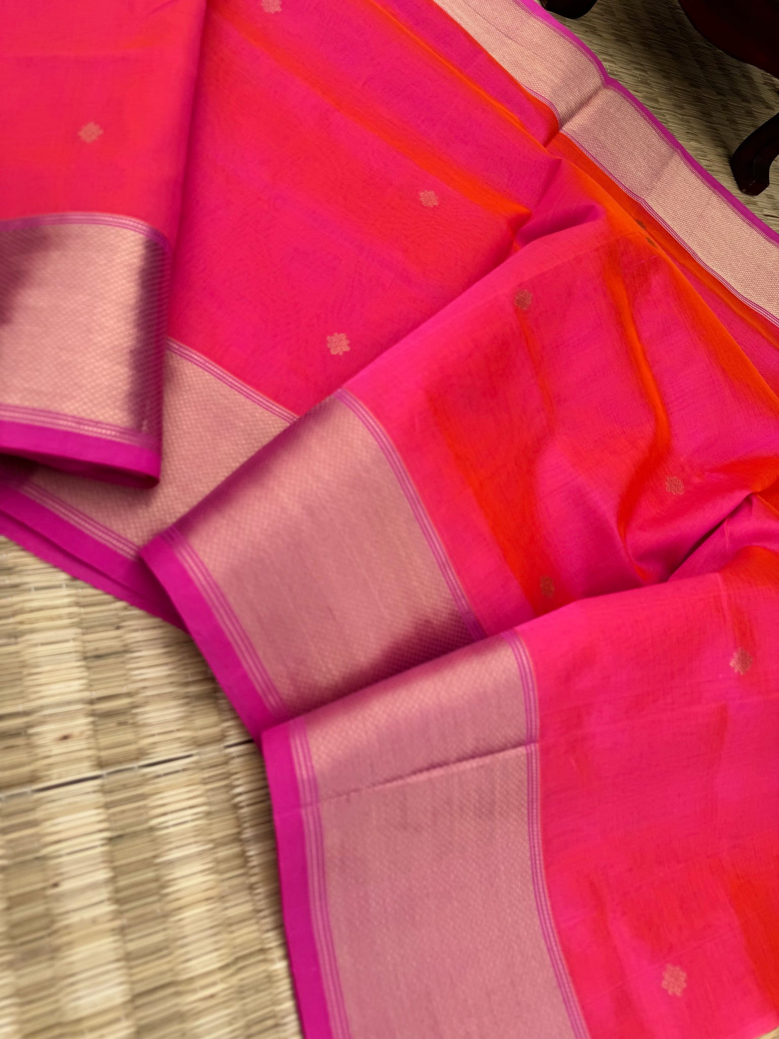 Zari Kissed Silk Cotton - a gorgeous vibrant shocking pink with corner buttas