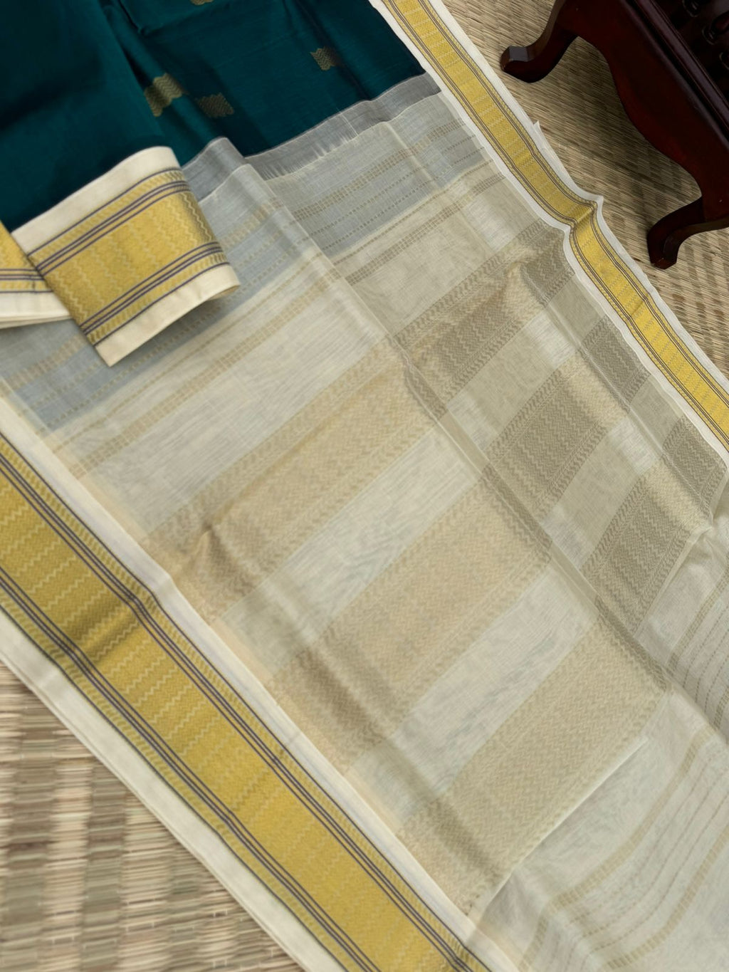Korvai Silk Cottons - unusual dark Rama green and off white with body woven buttas