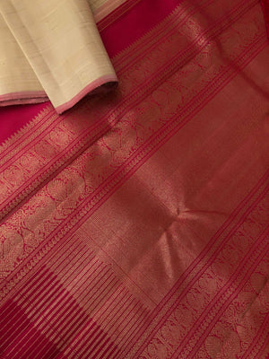 Mohaa - Beautiful Borderless Kanchivarams - the best of best cream and gold body with yali and flying horse woven buttas with deep red pallu and blouse