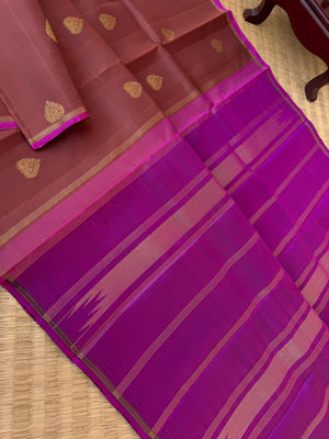 Molten Metallic Kanchivaram - Limited Edition | earthy brown and majentha borderless Kanchivaram with majenta buttas woven blouse