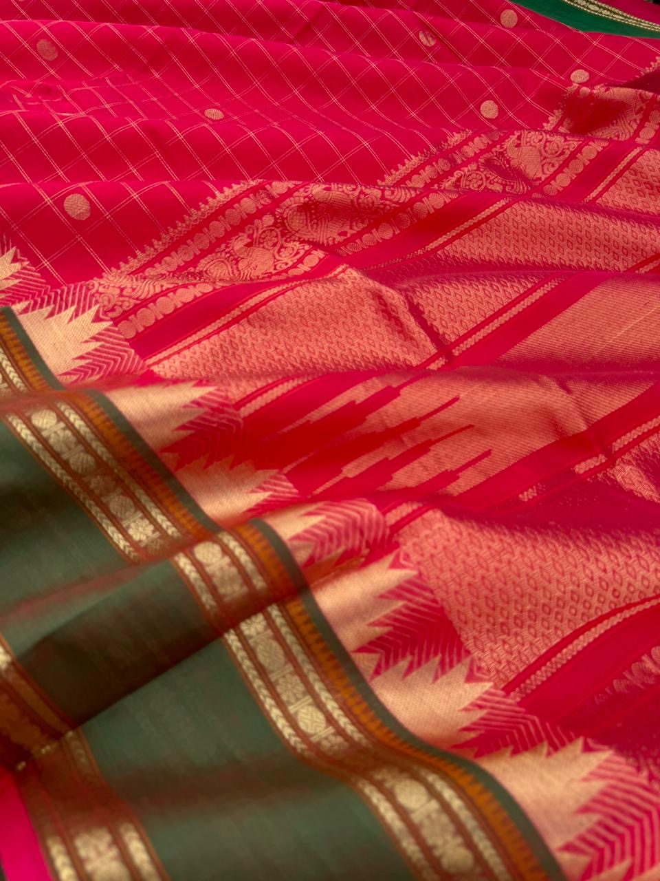 Zari Kissed Silk Cotton - traditional red mixed pink with thalampoo woven borders with kattam buttas woven body