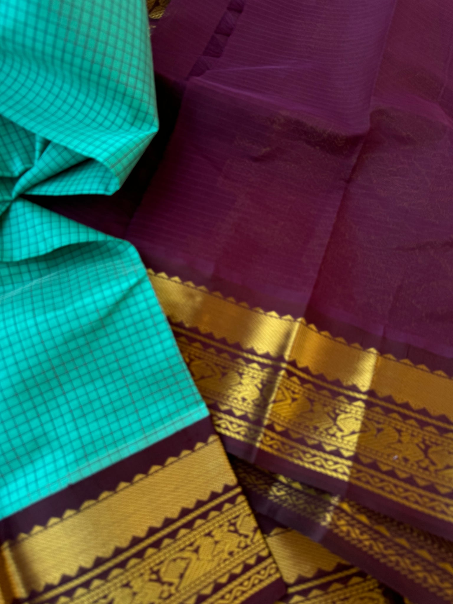 Korvai Silk Cotton - teal and burgundy maroon podi kattam