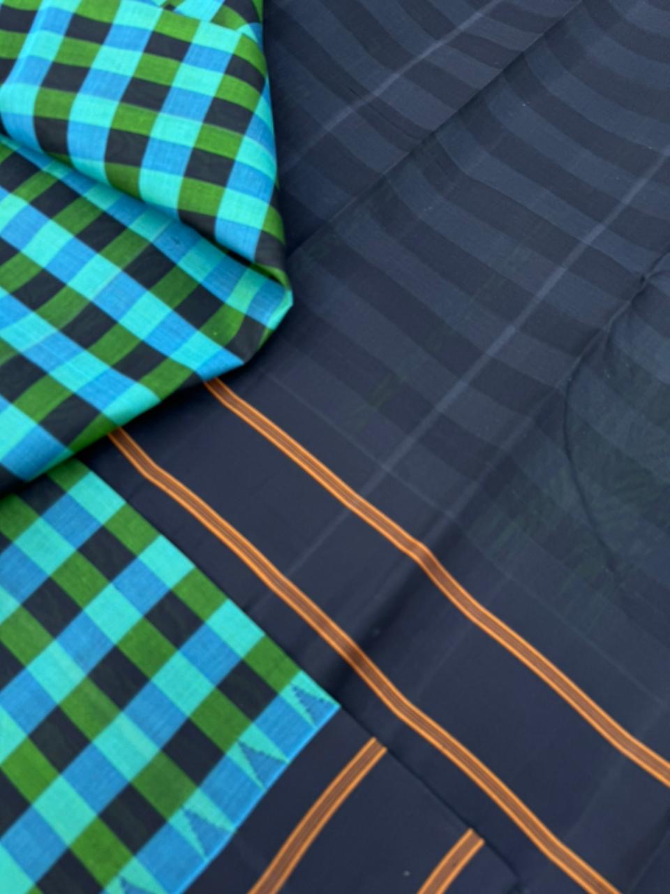 Signature Silk Cotton - Teal green and black kattam
