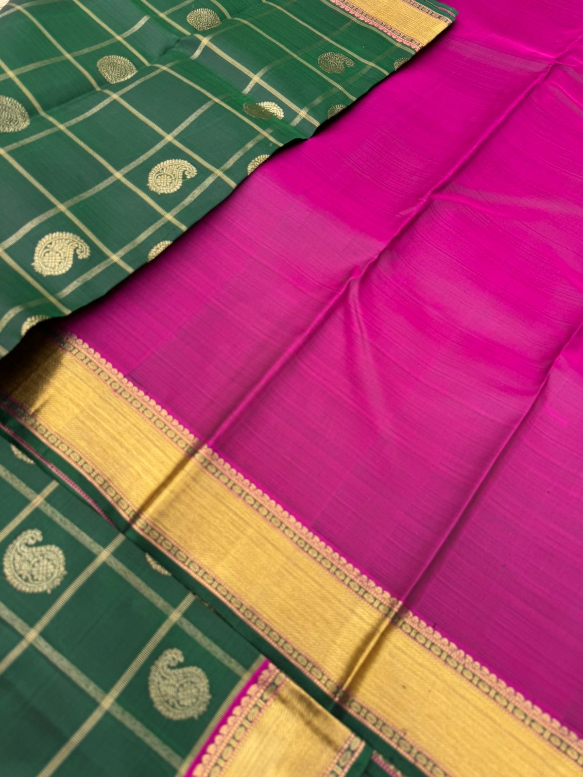 Kattam and Buttas on Kanchivaram - traditional meenakshi green and majentha with mayil chackaram buttas