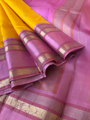 Meenakshi Kalayanam - Authentic Korvai Kanchivarams - gorgeous golden yellow and dusky pink