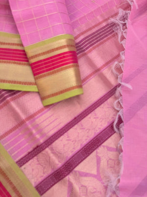 Pastels on Zari Kissed Silk Cotton - a stunning pastel baby pink with muthukattam and buttas woven together