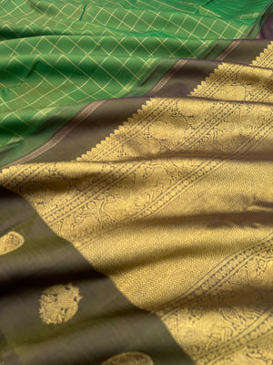 Diwali Edits - Kanchivaram For All Occasions - Amazing green and deep grey a very unusual combination of kattam woven body with border woven buttas