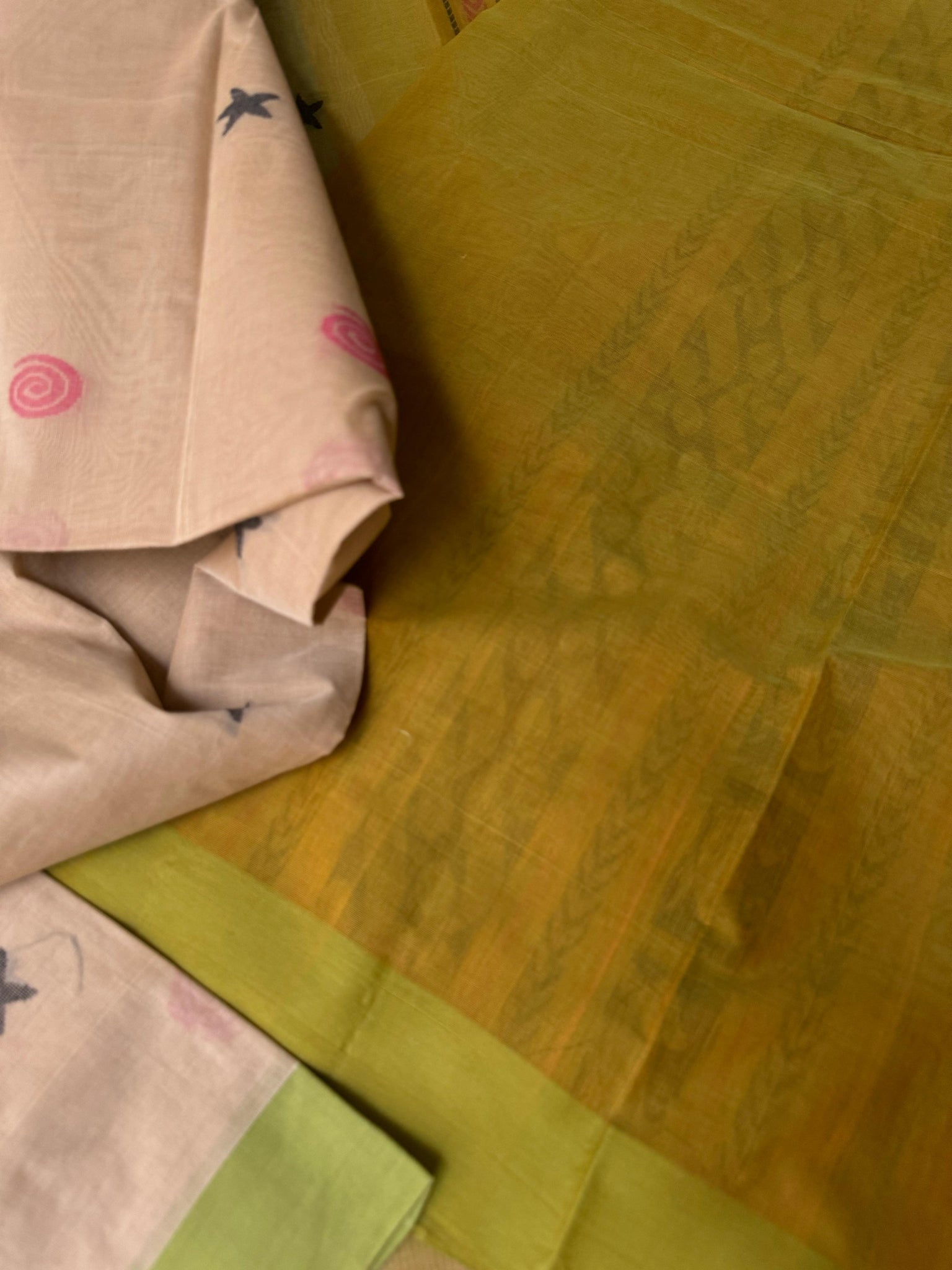 Pragatham - Contrast Play - beige cream and olive green