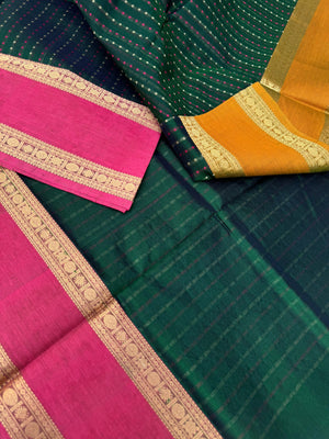 Woven Motifs Silk Cotton - forest lakshadeepam with Ganga jammuna woven borders