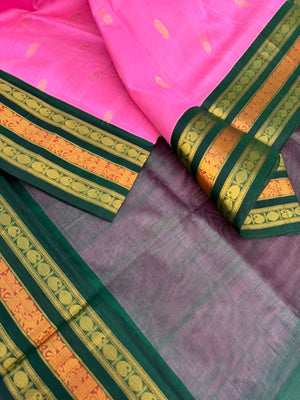 Korvai Silk Cotton - candy pink and Meenakshi green