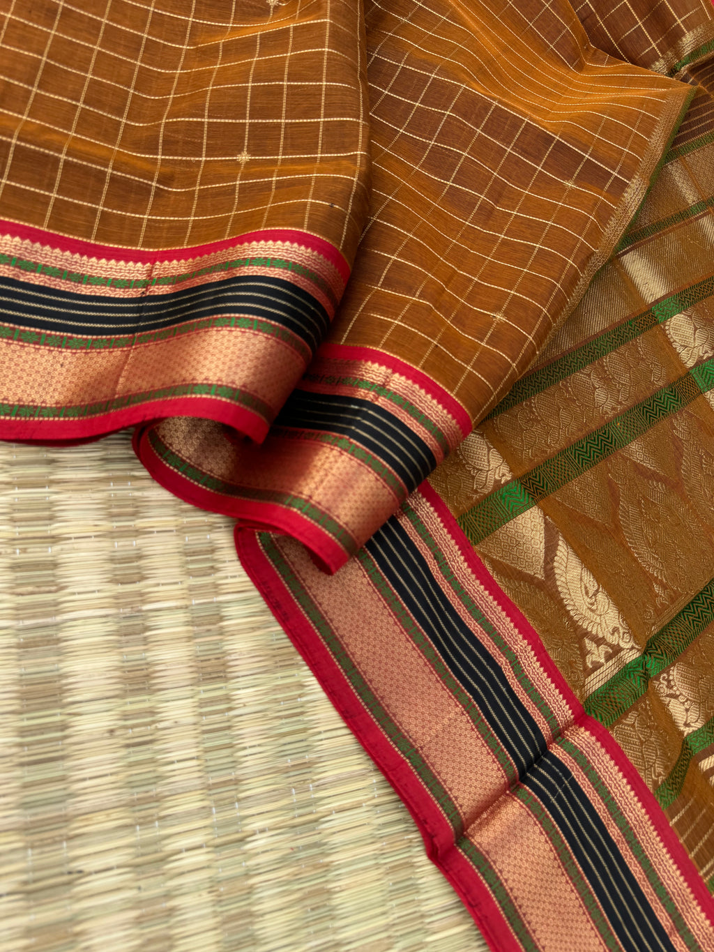 Zari Kissed Silk Cotton - rust chocolate brown with muthu koortha buttas