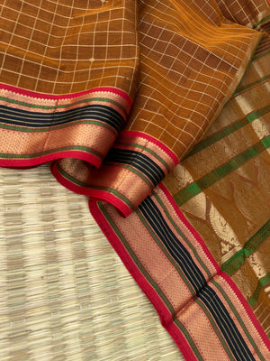 Zari Kissed Silk Cotton - rust chocolate brown with muthu koortha buttas