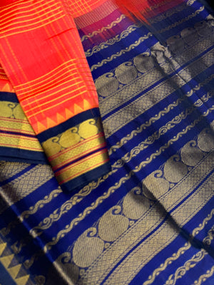 Korvai Silk Cottons - orange and navy blue zari kattam