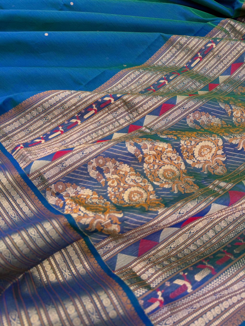 Zari Kissed Silk Cotton - a stunning dual tone peacock blue green with paithani pallu