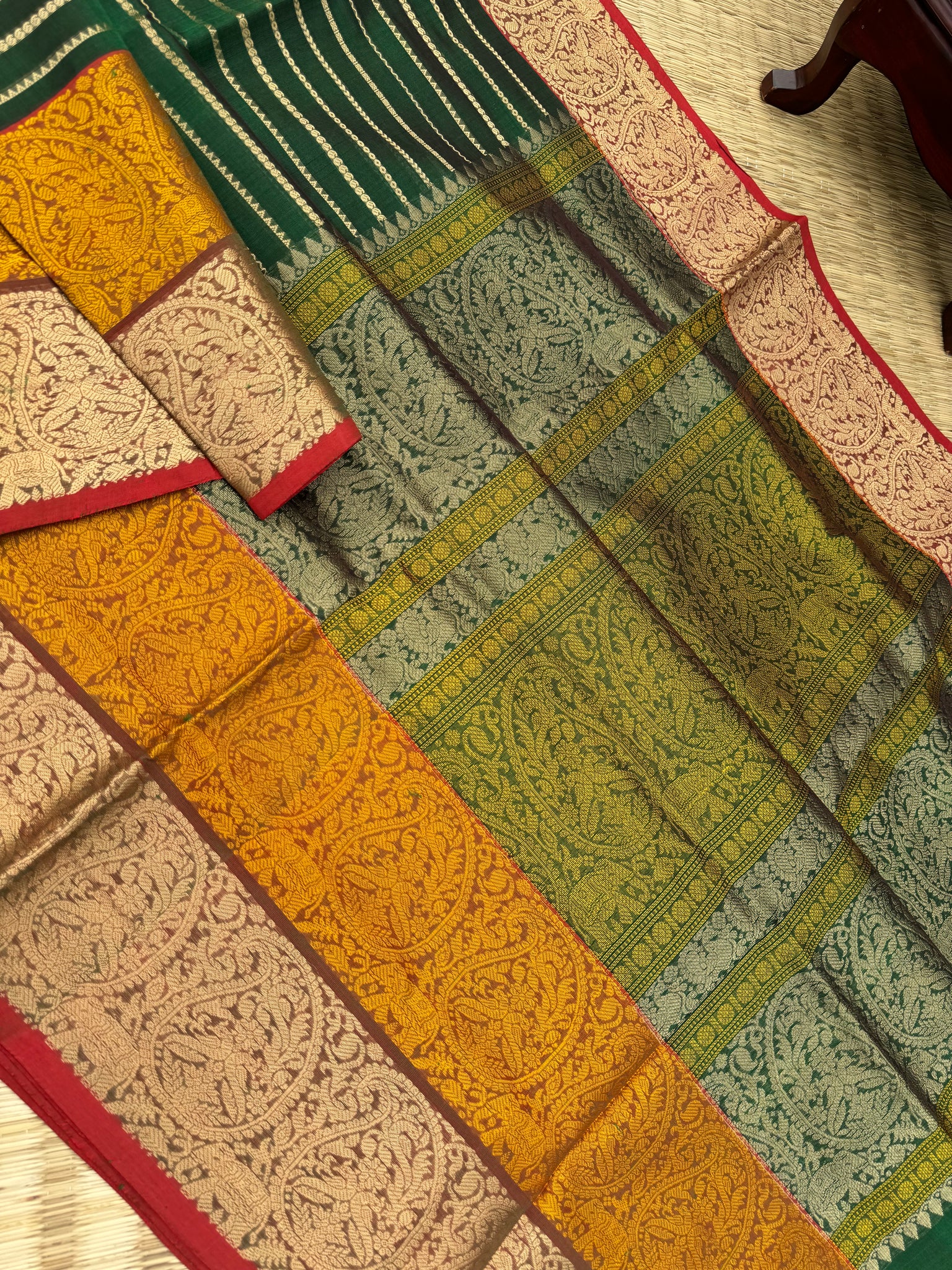 Zari Kissed Silk Cotton - deep drak traditional green at the best grandest veldhari