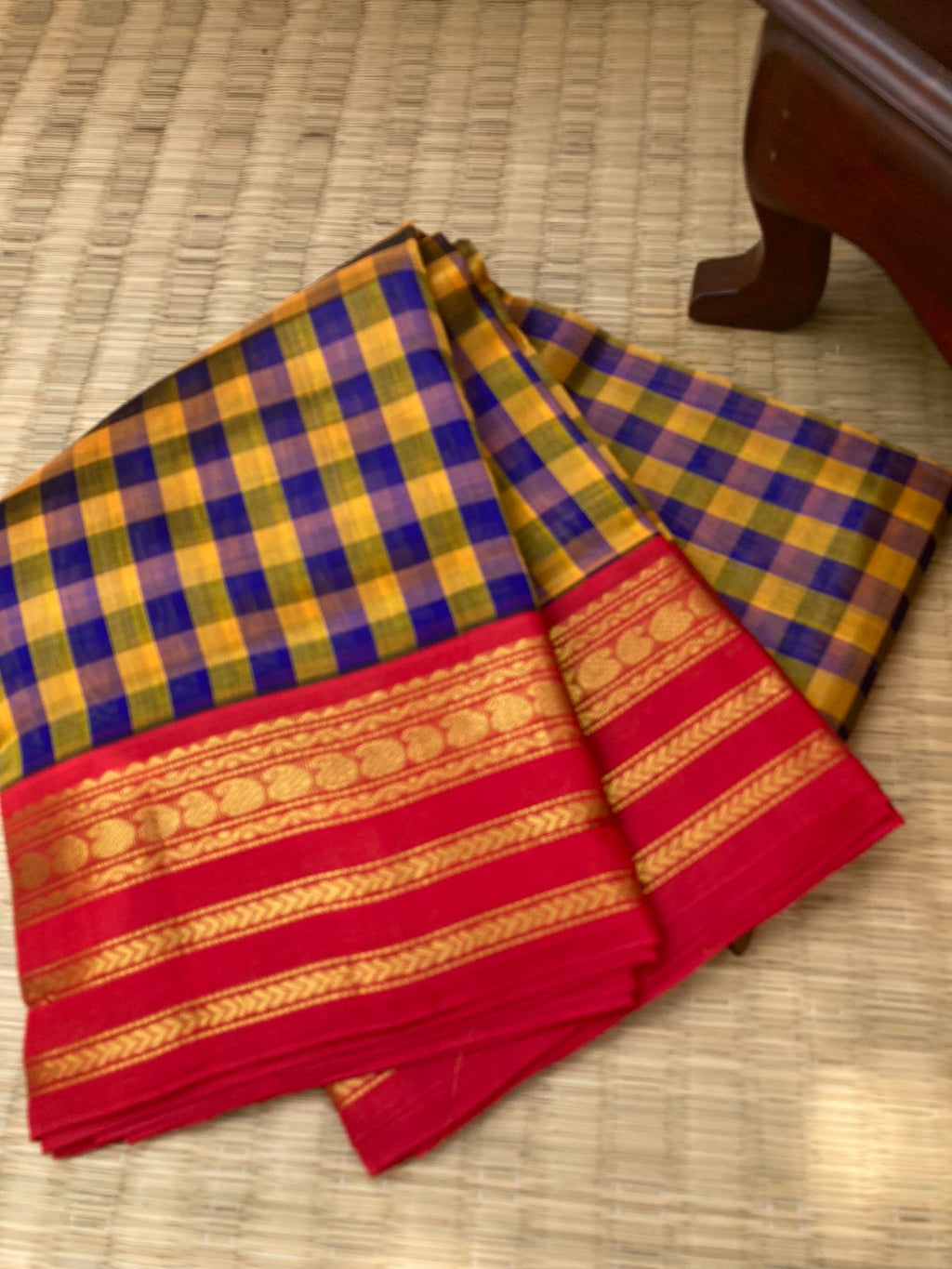Paalum Palamum Kattams Korvai Silk Cottons - mustard and blue with red