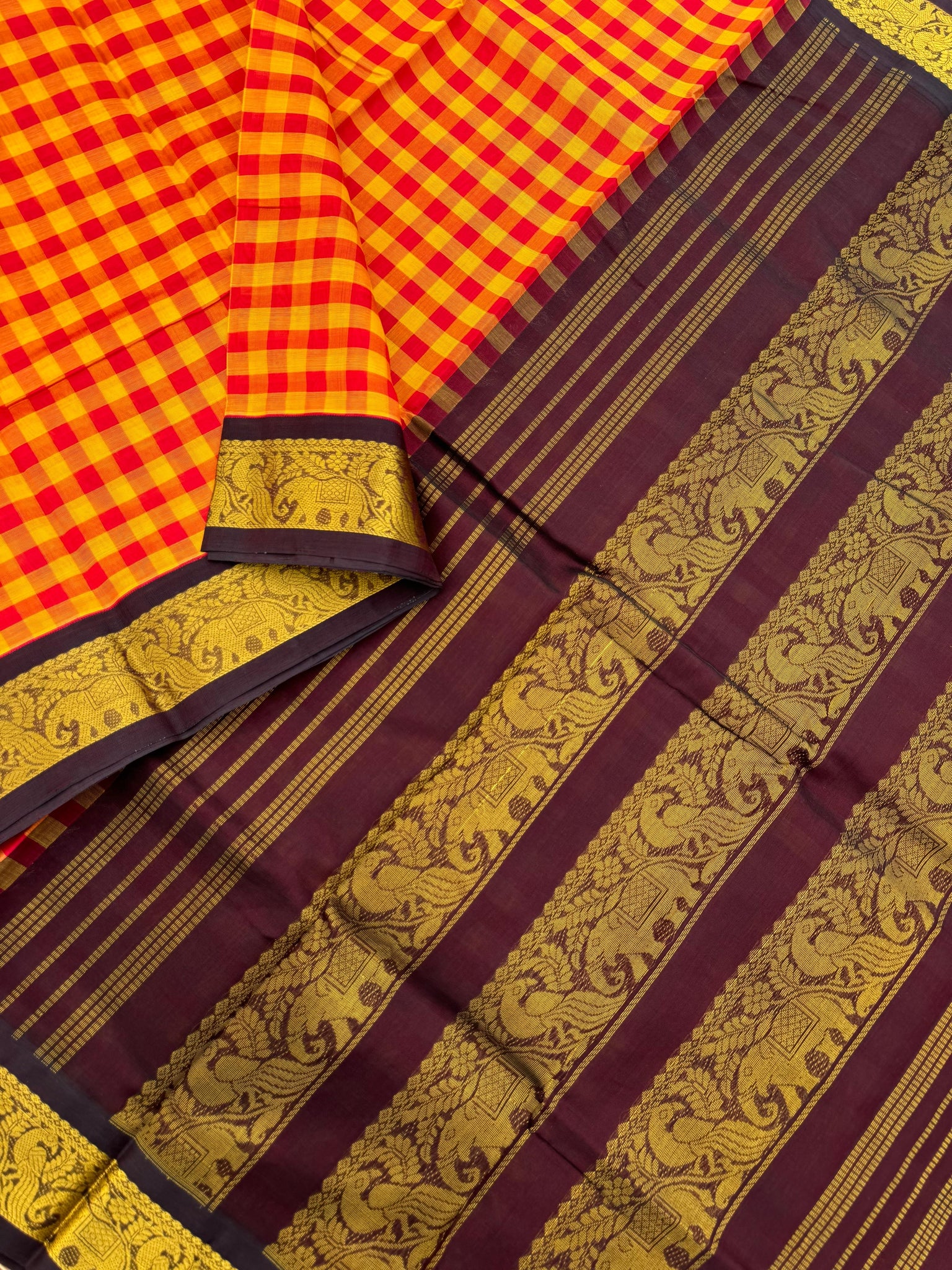 Korvai Silk Cottons -mustard and red chex with maroon pallu and blouse
