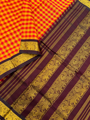 Korvai Silk Cottons -mustard and red chex with maroon pallu and blouse