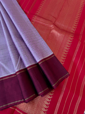 Haritham - Heirloom Yarn Play on Kanchivaram - unusual pale pastel lavender intricate 1000 buttas with red pallu and blouse
