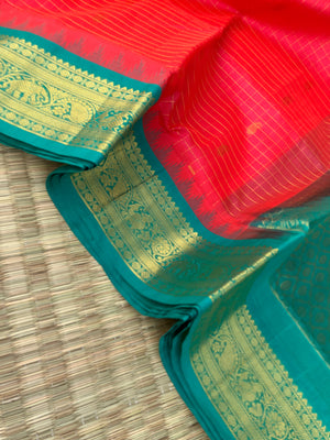 Korvai Silk Cotton - kanakambaram pink and teal zari kattam