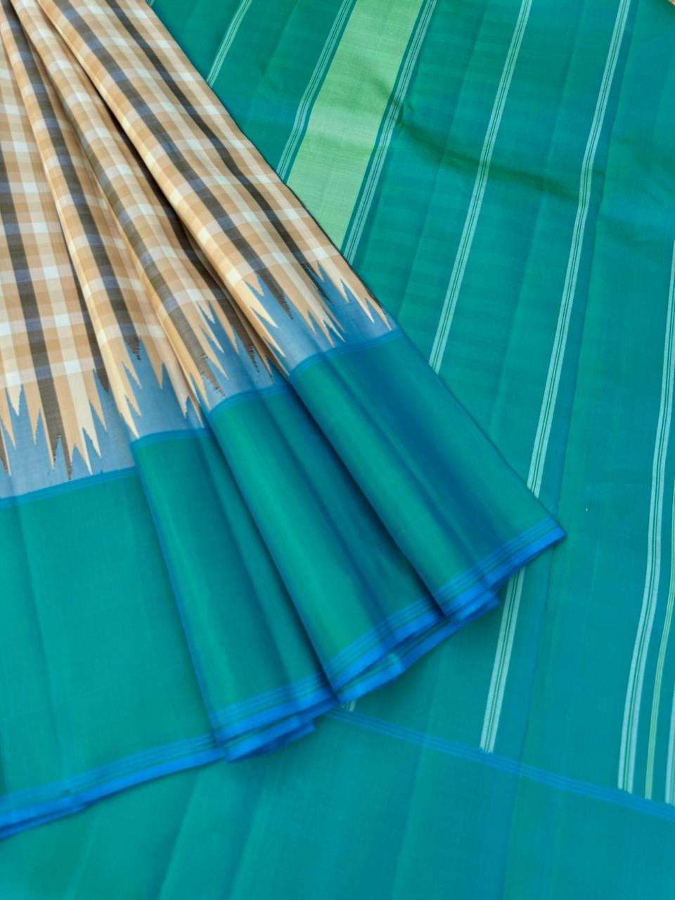Recipe of Rarest Korvai Kanchivaram - stunning most beautiful beige off white and black chex body with aqua blue borders pallu and blouse
