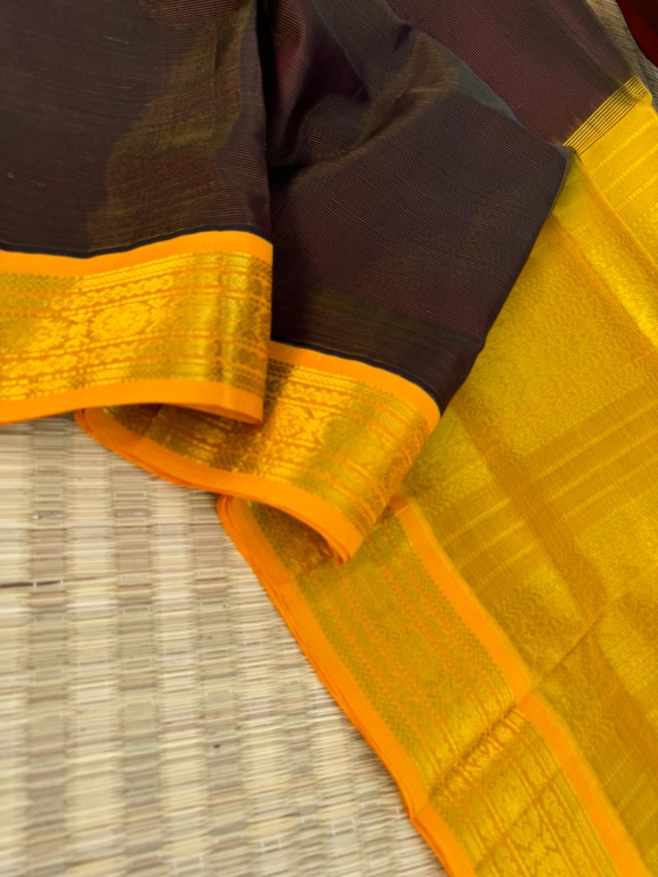 Korvai Silk Cottons - coffee and golden mustard Vairaoosi