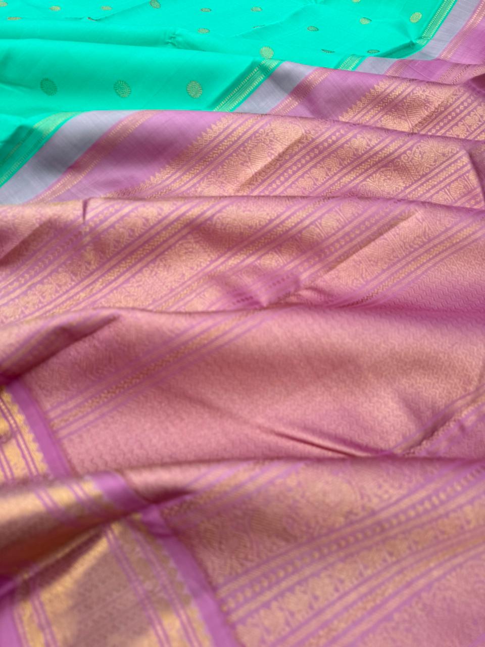 Meenakshi - Heirloom Korvai Kanchivarams - a unique tone of pastel aqua and baby pink