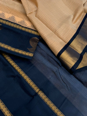 Korvai Silk Cottons - beige and elephant grey with podi kattam and border buttas