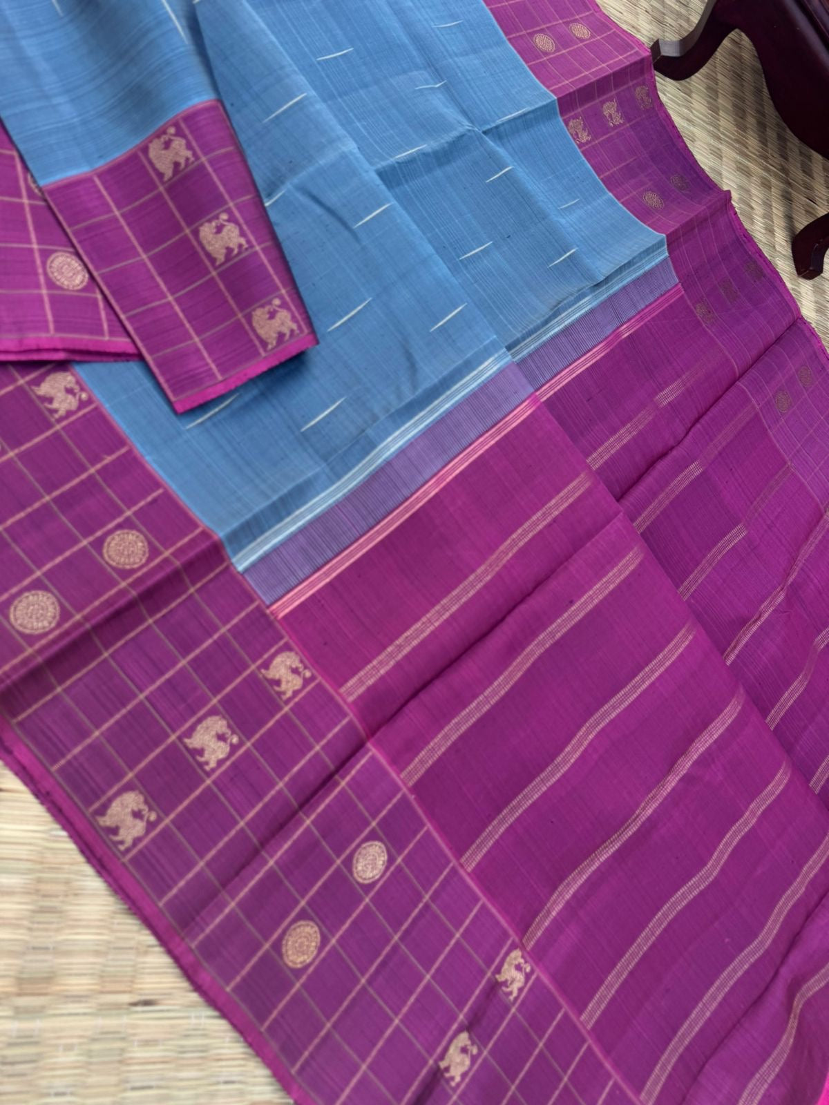 Shree - Simple and Elegant Kanchivarams - a bluish grey tone kanchivaram with raindrops woven buttas with yali and rudurakasham buttas woven chex borders