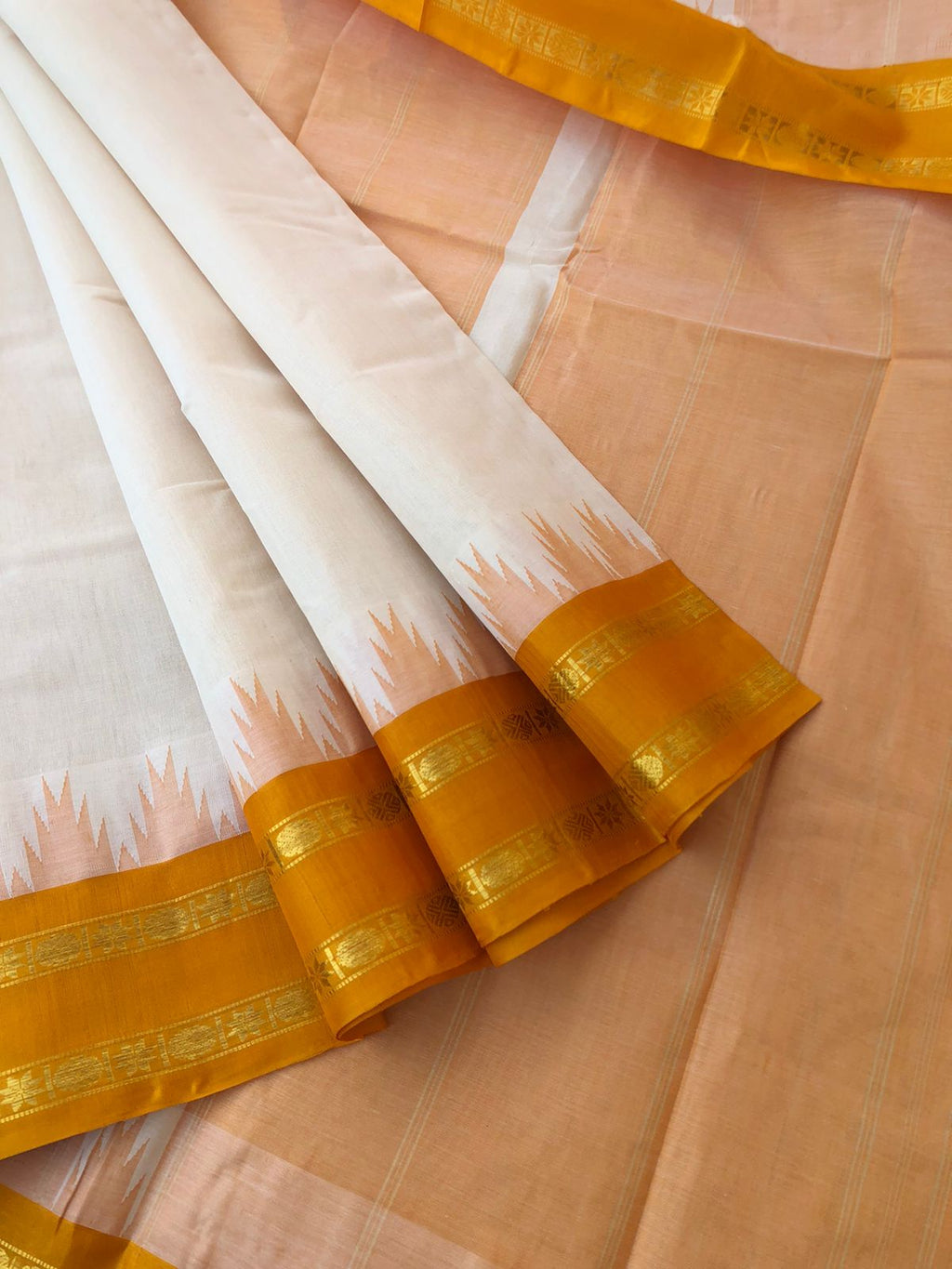 Cotton body with Pure Silk Double Side Korvai Borders - off white and mustard