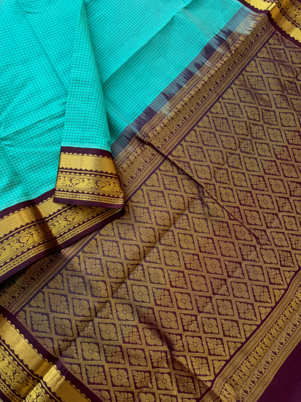 Korvai Silk Cotton - teal and burgundy maroon podi kattam