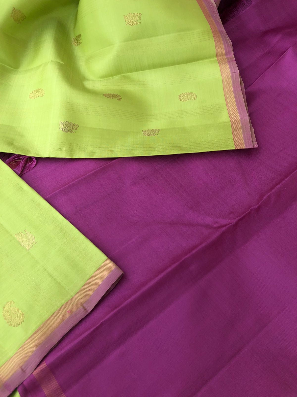 Mohaa - Beautiful Borderless Kanchivarams - gorgeous pastel fresh green body with deep pink lavender mixed pallu