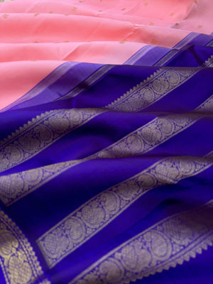 The Korvai Vibes - Authentic Korvai Kanchivaram - a stunning pastel pink and ink blue for people who love small borders