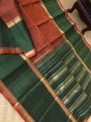 Kamakshi - Festive Kanchivaram - earthy brown and burnt olive green retta pett and broad border Kanchivaram with chex woven body