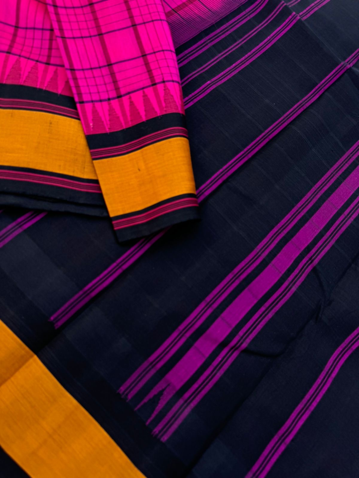 Signature Silk Cotton - pink body and mustard borders with mid night black pallu and blouse