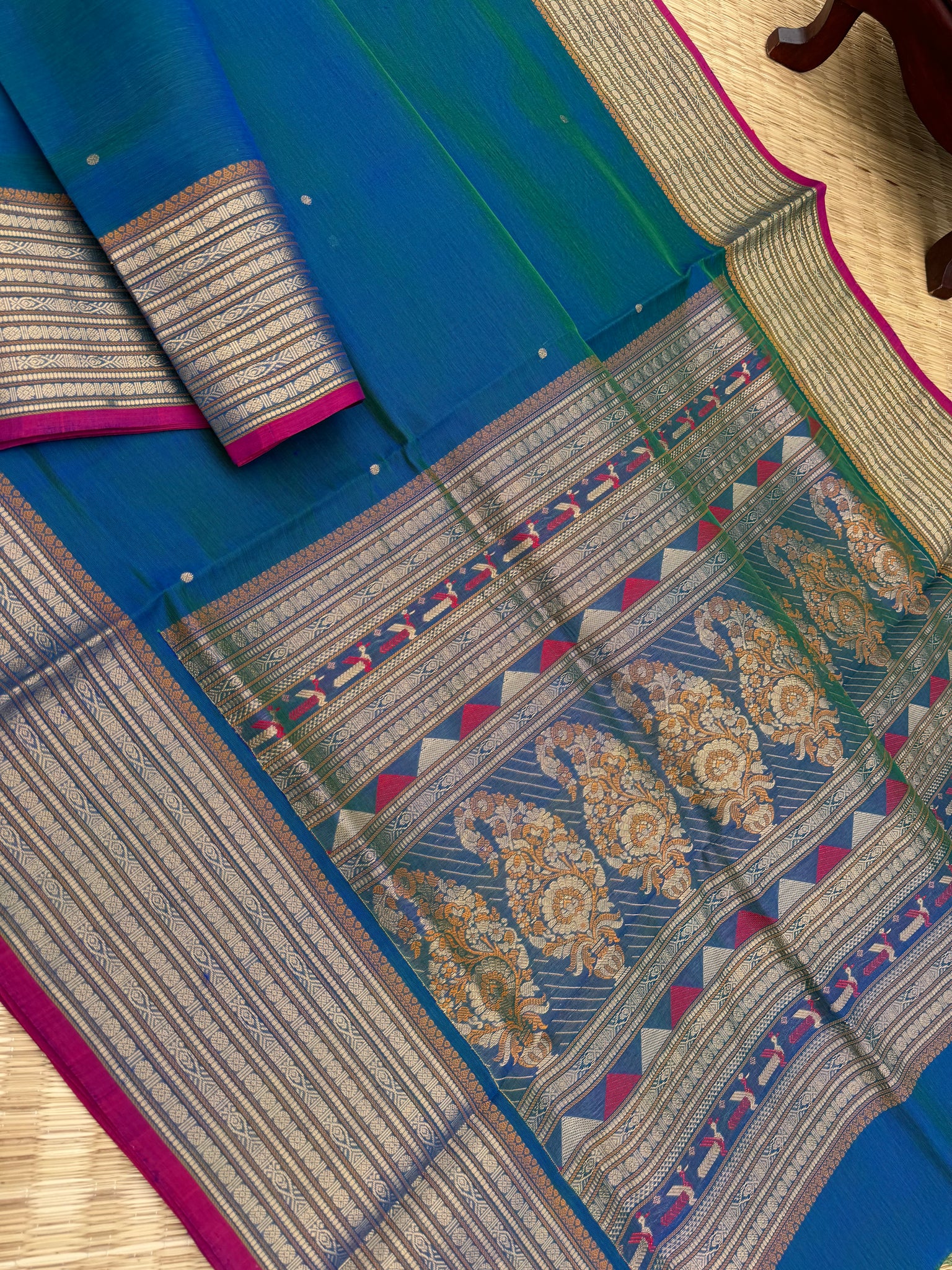 Zari Kissed Silk Cotton - a stunning dual tone peacock blue green with paithani pallu