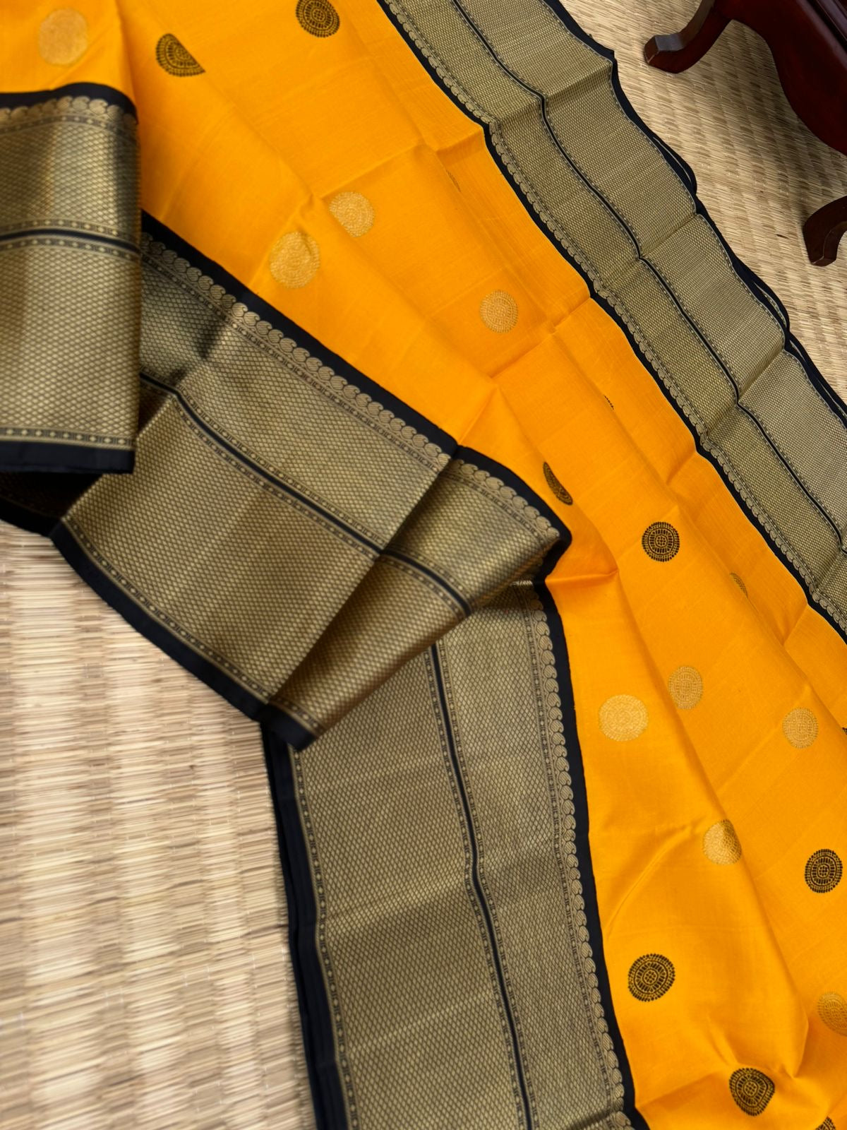 Colour Play on Kanchivaram - vintage style yellow and black korvai Kanchivaram with zari and silk thread woven unique borders
