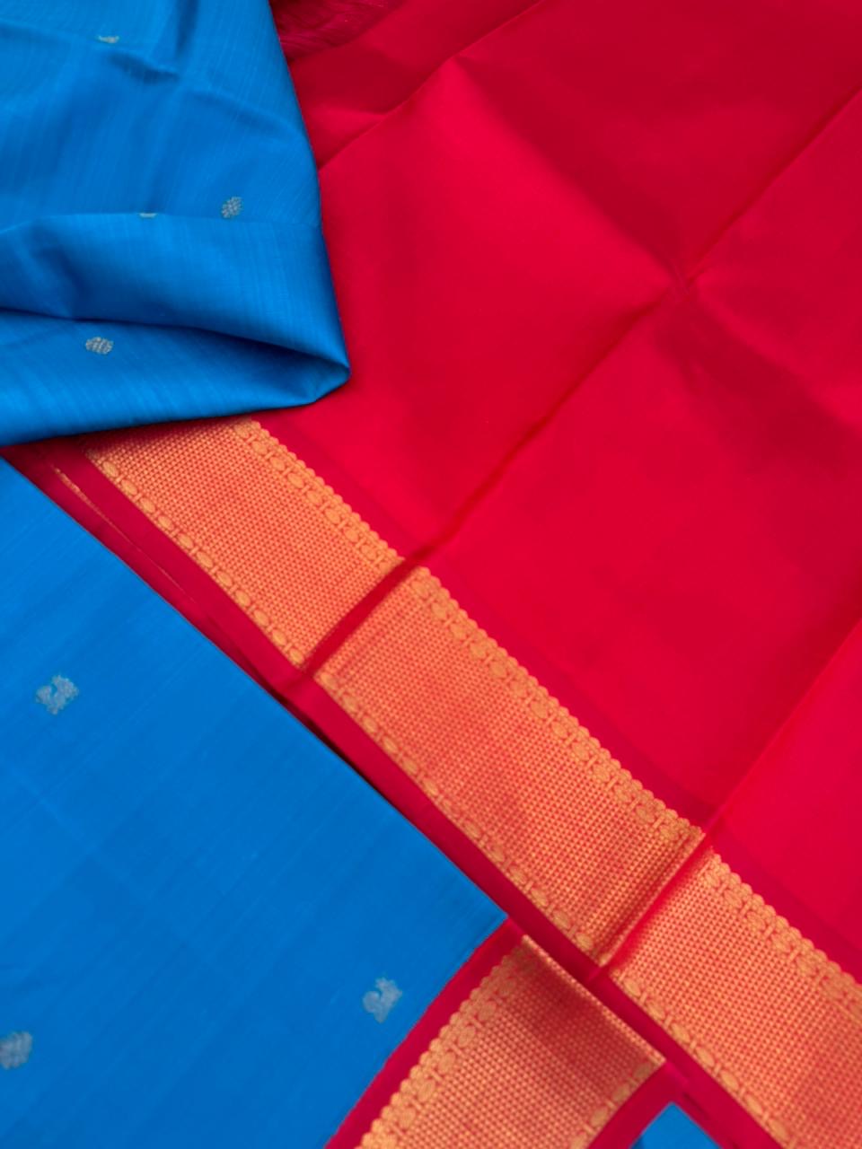 Kanchivaram Trunk - a one of kind old school kanchivaram blue and red korvai woven aarai maadam motifs borders