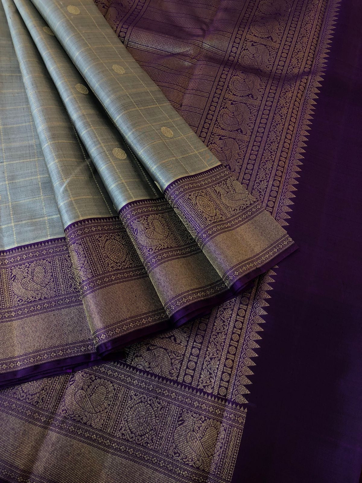 Antique Touch Kanchivarams - the unusual grey and deepest violet korvai with chex and buttas