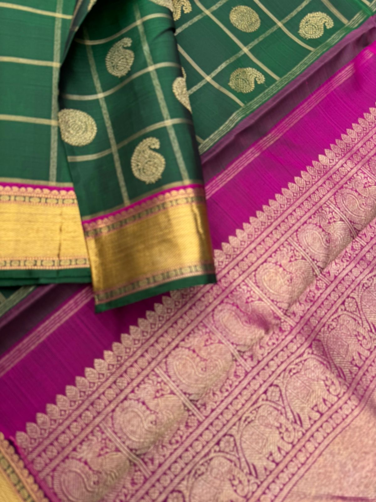 Kattam and Buttas on Kanchivaram - traditional meenakshi green and majentha with mayil chackaram buttas